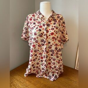 Beachlunchlounge Floral Button Down Short Sleeve Cuffed Blouse Shirt Medium EUC